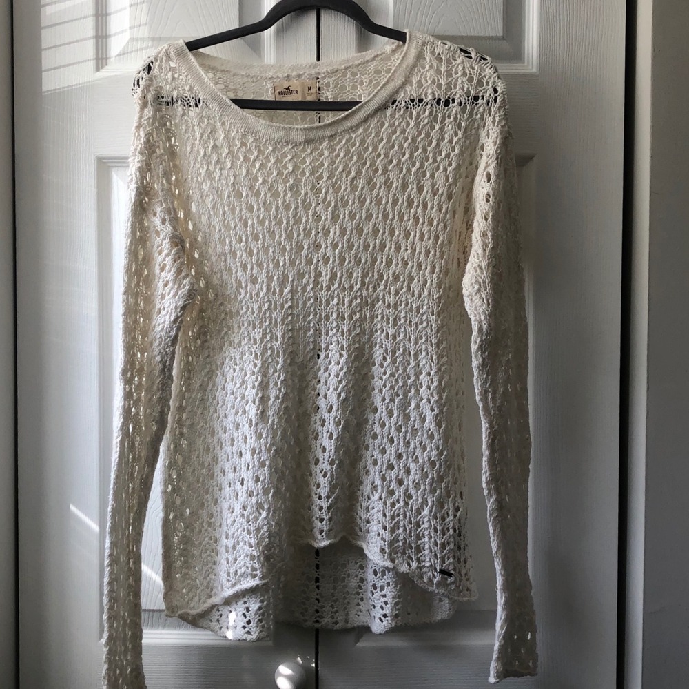 Hollister Womens Cream White Open Knit Crochet Sweater Long Sleeve Size M